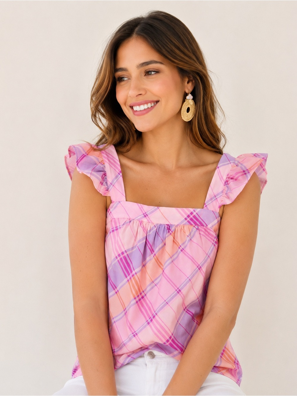 Lilly Pulitzer Reyna Madras Pink Isle Plaid Ruffle Strap Top Size Small